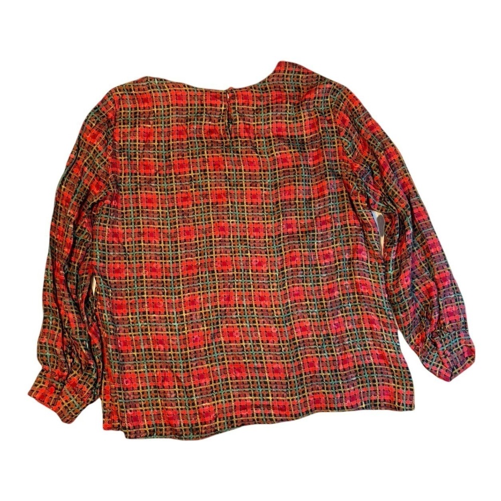Silk Land Plaid Blouse Women Large Red 100% Pure Silk Long Sleeve Vintage Top - Picture 2 of 8